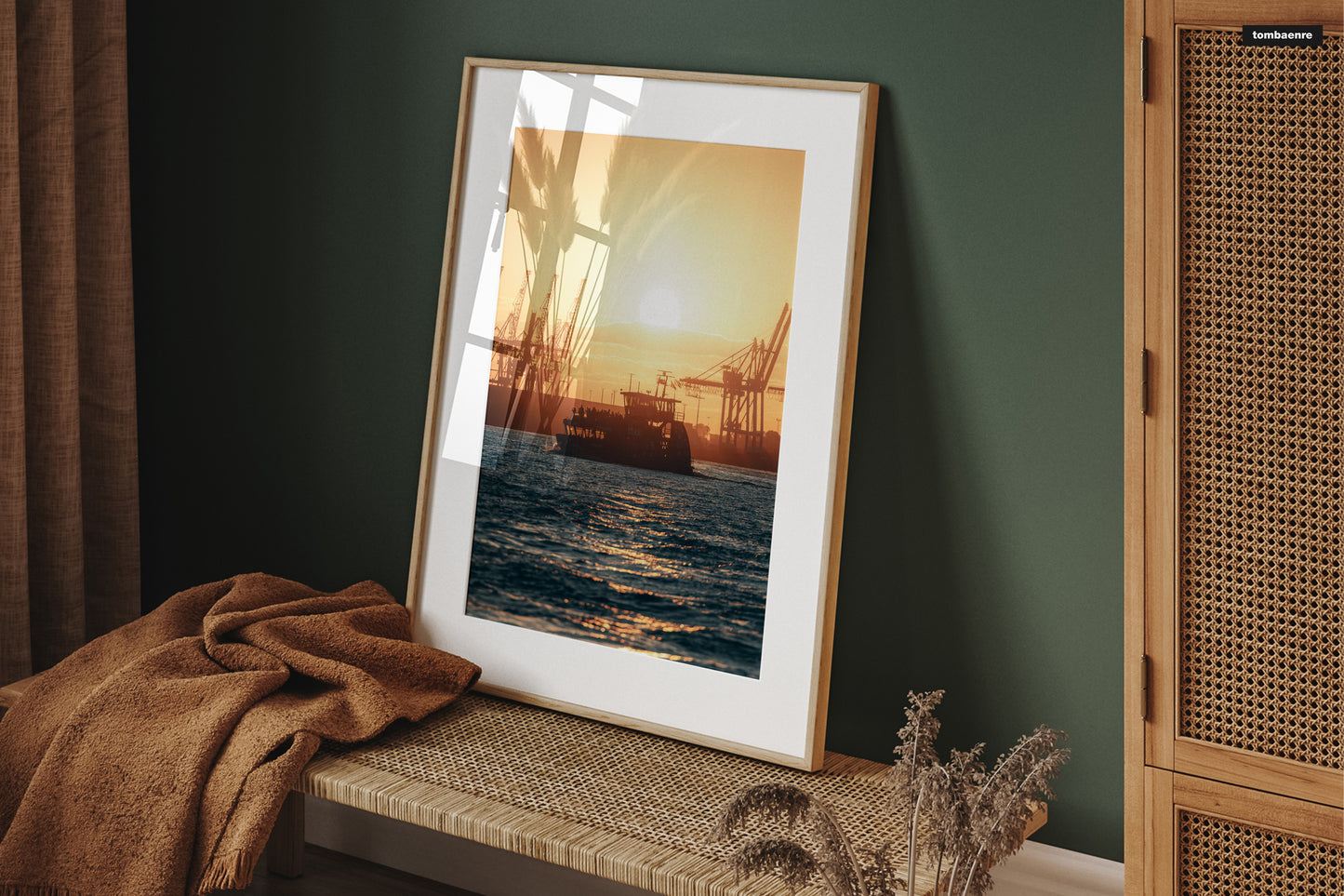 Premium Poster Hamburg - Schiff im Sonnenuntergang